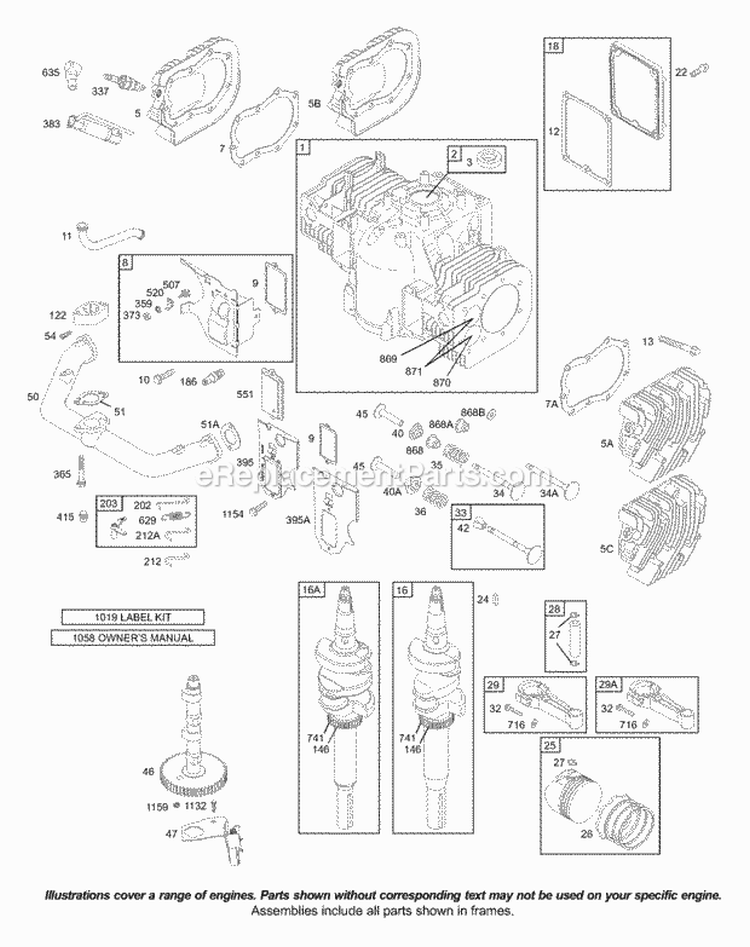 Cams Crankcase Cover Crankshaft Cylinder Head Pistons Valves Diagram and Parts List for 42B707-2265-E1  Briggs and Stratton Engine